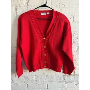 Vintage That’s Me Red Cable Knit Cardigan Sweater Women’s Large Gold Buttons